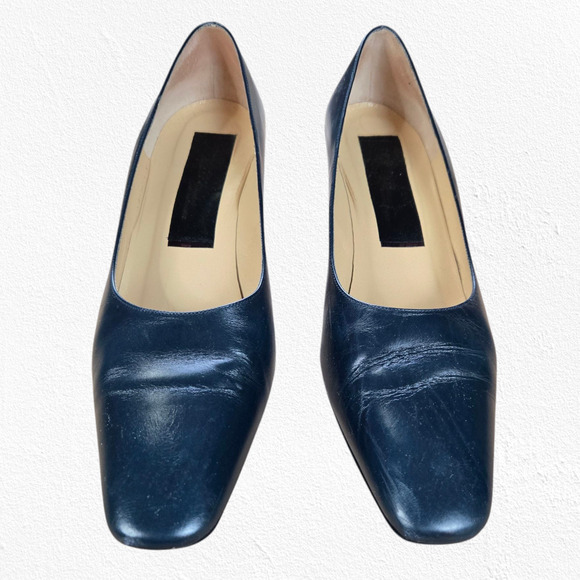 1990s Vintage Dark Navy Leather Square Toe Slip On Pump Block Heels Size 9.5 - Picture 2 of 10